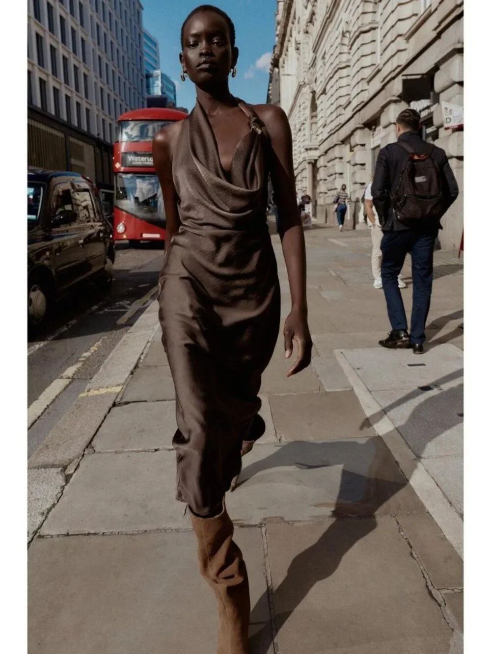 Zara Womens Asymmetric Satin Midi Dress Medium Brown Knot Detail 8094/851 NWT